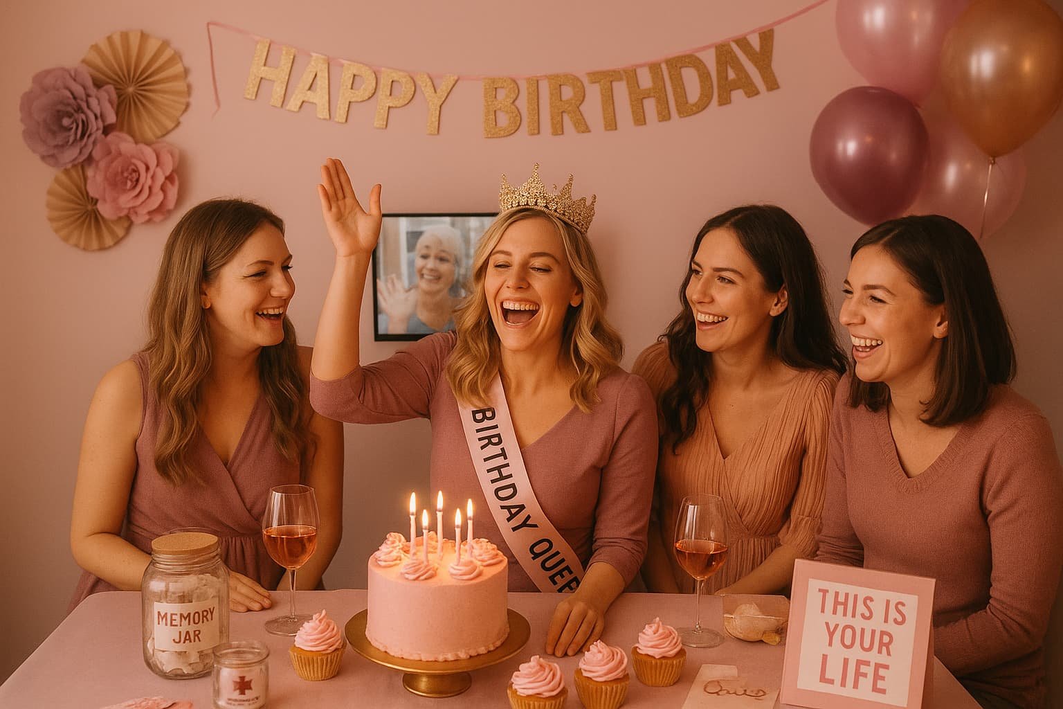 Women in pink celebrating a birthday with cake and “Birthday Queen” sash.